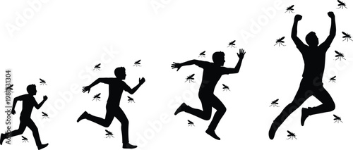running man silhouettes with mosquitoes, insect attack concept, human reaction poses, outdoor annoyance, pest problem illustration, funny action scene, vector style