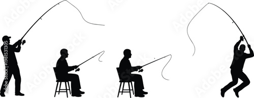 fishing silhouettes set, anglers casting rods, man fishing collection, hobby recreation activity, isolated vector style, outdoor sport concept, fisherman action poses
