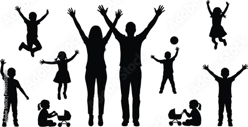 happy family silhouettes, children playing jumping, parents raising hands, joyful kids activity, parenting love concept, playful childhood moments, family togetherness illustration