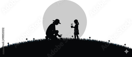 father and daughter silhouette vector, family bonding moment, sunset background, parent child love, happy childhood scene, emotional nature illustration design