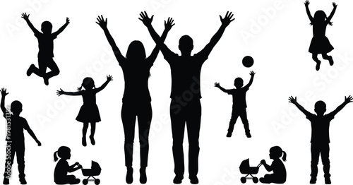 family and children silhouette vector, happy kids jumping, parenting lifestyle, playful childhood activity, people collection, joyful moments, isolated black illustration set