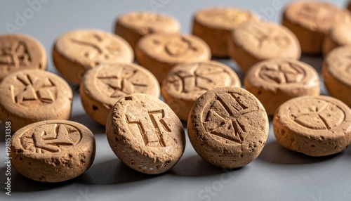 A close-up view of small, ancient clay bullae each impressed with unique proto-cuneiform symbols and inscriptions