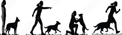 dog, training, silhouette, woman, pet, obedience, command, walking, running, bonding, friendship, animal, behavior, lifestyle, activity, outdoor, canine, discipline, exercise, companionship