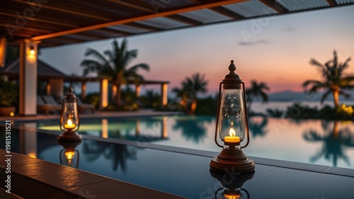 Luxury resort infinity pool at sunset with decorative lanterns and palm trees