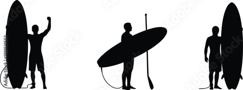 Surfing silhouettes collection, surfers holding surfboards and paddle board, ocean sport lifestyle, beach activity, wave riding, summer adventure, vector illustration