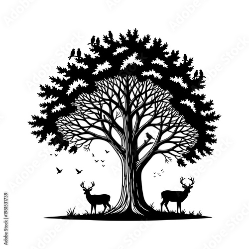 Majestic Tree Silhouette with Deer and Birds A Symbol of Nature's Serenity and Wildlife Harmony