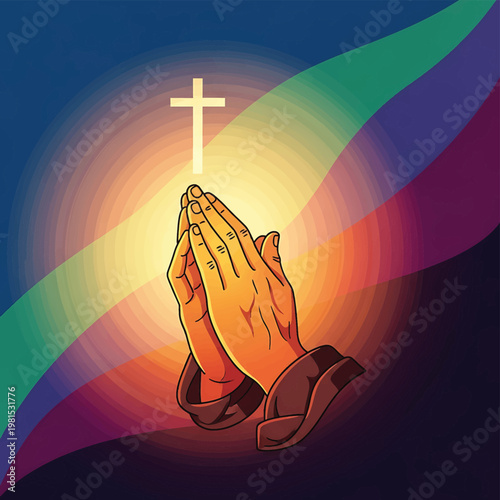 Hands Praying with Cross Above Fingers.