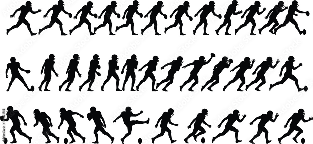 Εκτύπωση καμβά Vector set of American football player silhouettes in action poses for sports branding and apparel design