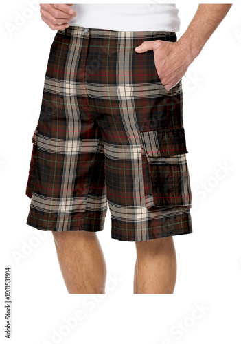 Mens plaid boxer shorts in brown and gray tartan comfortable sleepwear isilated on white background.