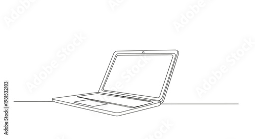 Minimalist Laptop Drawing, Open Notebook Computer, Technology Concept, Single Line Art