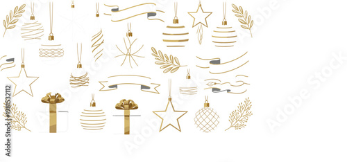 Vector set of elegant gold and white Christmas ornaments featuring stars patterned baubles and gift boxes for luxury holiday designVector set of elegant gold and white Christmas ornaments 