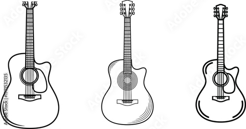 Sketch of three acoustic guitars a musical trio in black and white