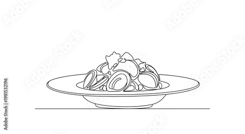 Hand-drawn illustration of a plate of pasta with sauce and garnish, minimalist line art