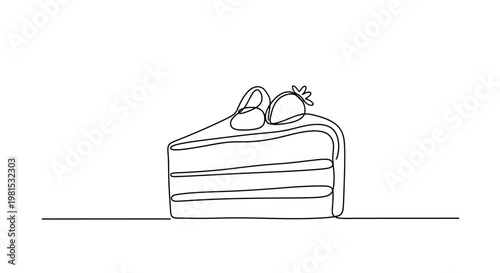 Minimalist single line drawing of a slice of cake with strawberry and cream