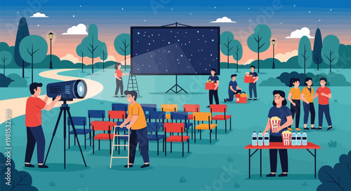 Outdoor Movie Night Setup People Working Together.