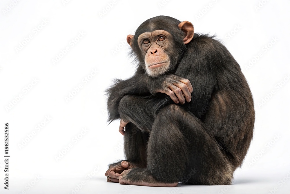 Fototapeta premium Chimpanzee sits cross-legged, arms wrapped around its knees