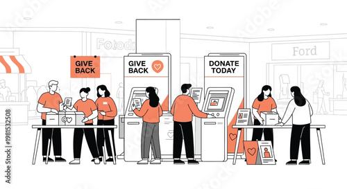 People donating at donation stations with volunteers helping.