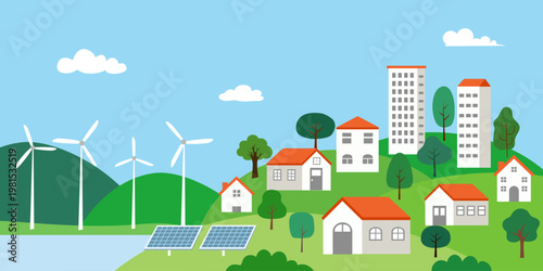 Concept of renewable energy. Eco city. Landscape with a solar panels and wind turbines. Vector illustration.