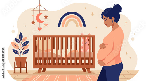 Pregnant Woman Standing in a Decorated Baby Nursery, Anticipation of Motherhood Illustration