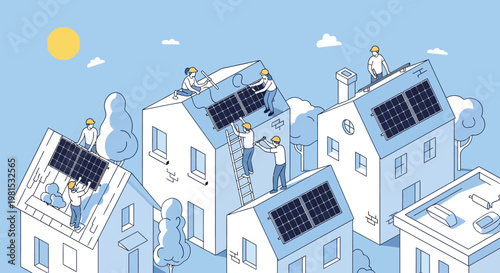 People installing solar panels on rooftops of houses.
