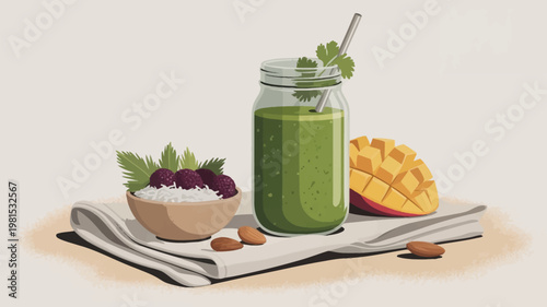 A vector graphic illustration of a healthy green smoothie with fruit and nuts on a table
