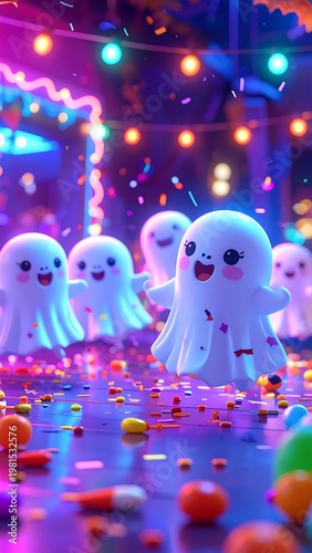 A group of smiling white ghosts surrounded by colorful candy and lights