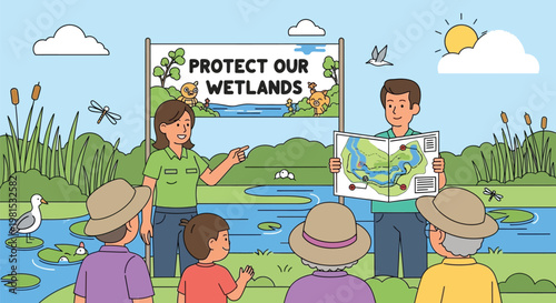 People learning about wetland conservation from educators.