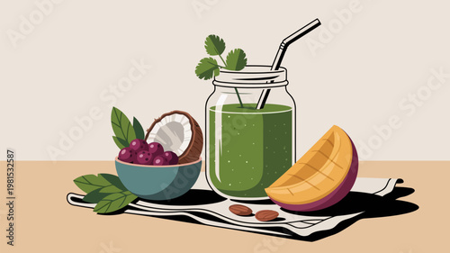 A vibrant vector illustration of a healthy green smoothie with fresh fruits and ingredients on a table