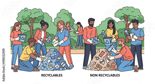 People sorting recyclables and non-recyclables in park.