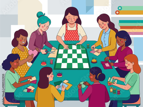 Diverse Group of Women Quilting Together in a Creative Community Workshop - Flat Vector Illustration