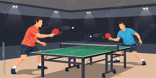 PrintCompetitive Table Tennis Match Illustration with Two Players Playing Ping Pong Indoors Under Spotlight Lighting in Modern Sports Arena Setting