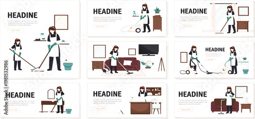 Cleaning Service Website Banner Templates with Housekeeping Characters Performing Home and Office Cleaning Tasks Modern Flat Vector Illustration Collection