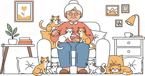 Elderly Woman Sitting on Sofa Surrounded by Multiple Cats in Cozy Living Room Interior Pet Lover Lifestyle Flat Vector Illustration