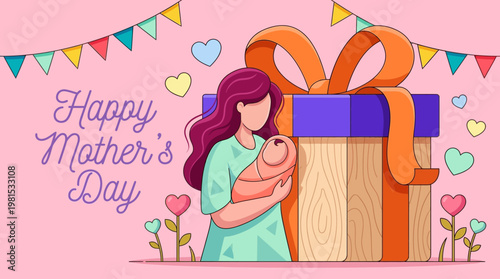 Happy Mother's Day Illustration Featuring a Mother Holding a Newborn Baby with a Large Gift Box and Festive Decorations