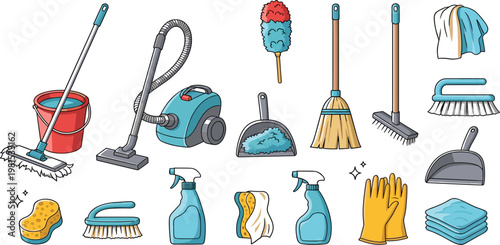 House Cleaning Tools Set Including Mop Vacuum Bucket Brushes Gloves and Spray Bottles in Detailed Flat Vector Illustration for Household Hygiene Concepts
