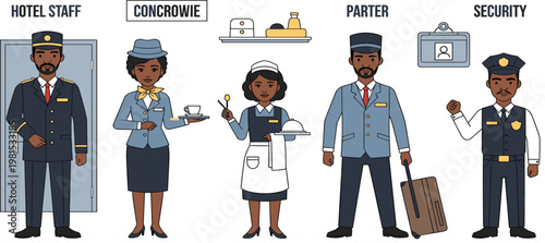 Hotel Staff Characters Set Including Concierge Waitress Porter and Security Personnel in Uniform for Hospitality Service Flat Vector Illustration