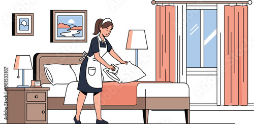 Housekeeping Maid Making Bed in Hotel Room Interior with Furniture Curtains and Decor Professional Cleaning Service Flat Vector Illustration