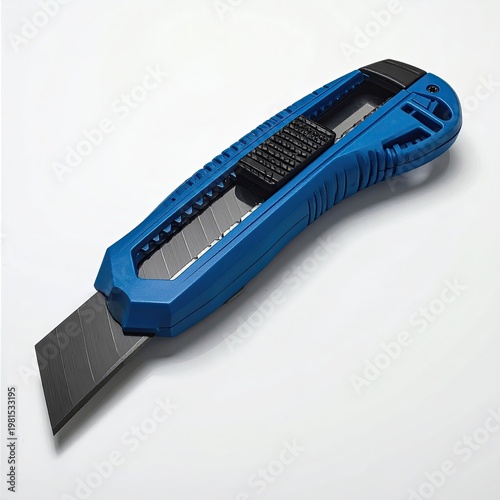 Blue utility knife with retractable blade for construction repair and DIY projects on a bright white surface in studio shot