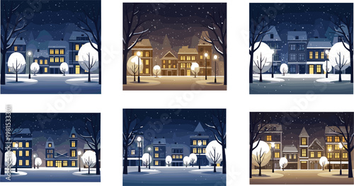 Vector collection of atmospheric snowy night cityscapes with glowing streetlights and cozy winter architecture.Vector collection of atmospheric snowy 