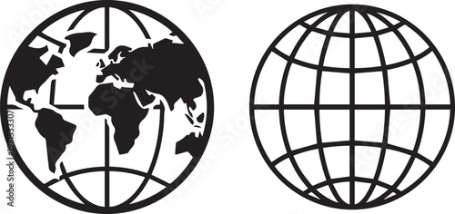 World globe icons: detailed map and grid representation with geography navigation international continent longitude latitude