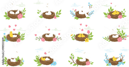 Vector collection of cute bird family illustrations featuring nesting pairs eggs and hatchlings in a whimsical flat design styleVector collection of cute 