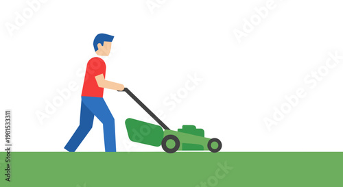 Man pushing green lawn mower.