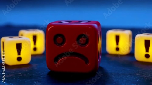 Sad red die surrounded by exclamation mark yellow dice on dark surface