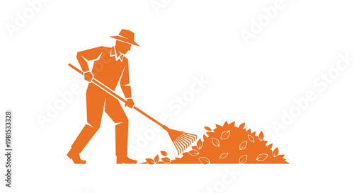 Man Raking Leaves in Yard.