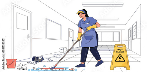 Janitor Cleaning Wet Floor in Hallway with Mop and Safety Warning Sign in Commercial Building Interior Flat Vector Illustration