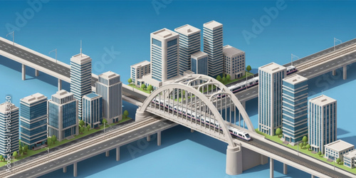 Isometric Modern City Infrastructure Illustration Featuring Urban Skyline with Bridge, Highways, and High Speed Train Transportation Network in Smart City Environment