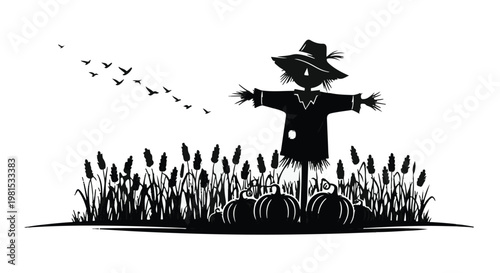 Scarecrow stands in a field of pumpkins with birds flying above during the autumn harvest season.