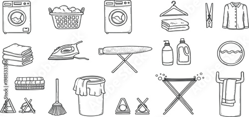 Laundry and Cleaning Equipment Set Including Washing Machine Iron Detergent Clothes and Household Tools in Hand Drawn Outline Vector Illustration Collection
