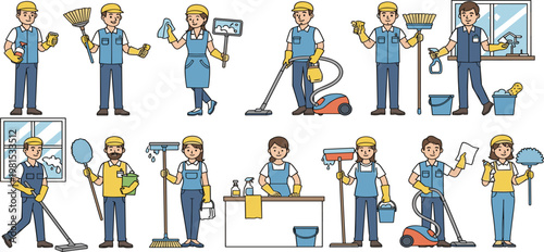 Professional Cleaning Workers Using Equipment for Window Floor and Surface Maintenance in Commercial and Residential Spaces Flat Vector Illustration Set