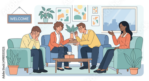 Group therapy session with diverse individuals discussing issues.